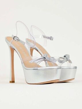 Stuart Weitzman SW Mega Bow Platform Heels Crystal PVC Silver Sandals NEW